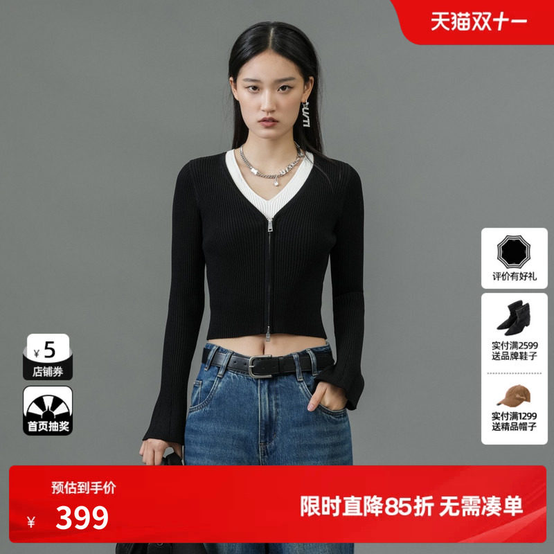 U/TI黑色设计感撞色针织衫女装假两件双拉链毛衫尤缇2025春季新款