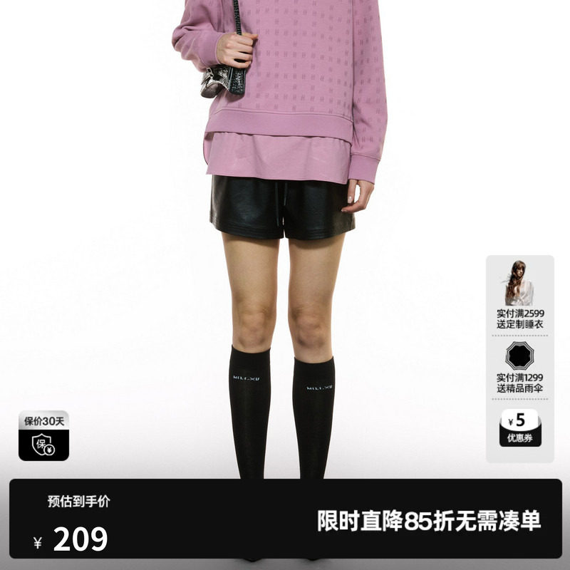U/TI黑色松紧腰皮短裤女立体剪裁简约阔腿休闲裤尤缇2025秋季新款