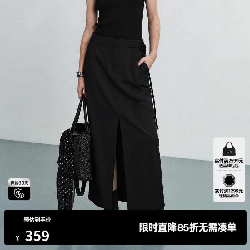 U/TI黑色开叉直筒半身裙女A字绑带修身淑女长裙 尤缇2026夏季新款