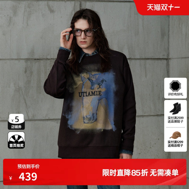 U/TI 黑色棉感印花圆领长袖卫衣女直筒宽松休闲T尤缇2026冬季新款