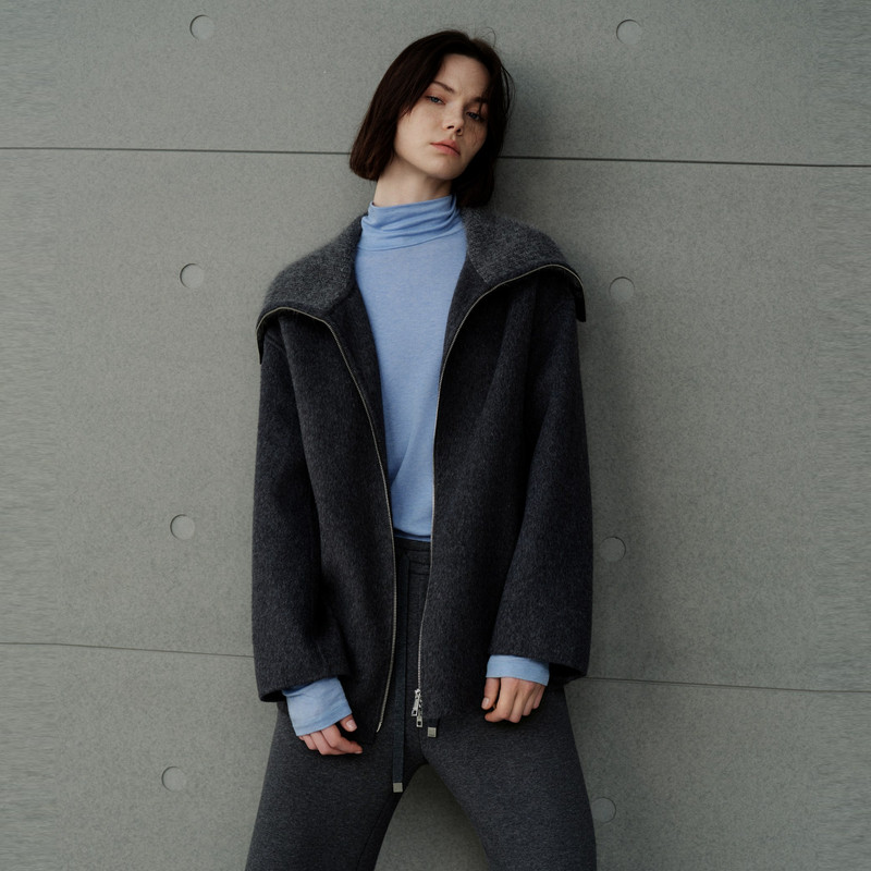 U/TI深灰色翻领拉链双面呢短大衣女羊毛混纺外套尤缇2026冬季新款