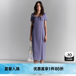 TI方领泡泡袖 度假裙女百搭开衩棉质连衣裙长裙尤缇2025夏季 新款