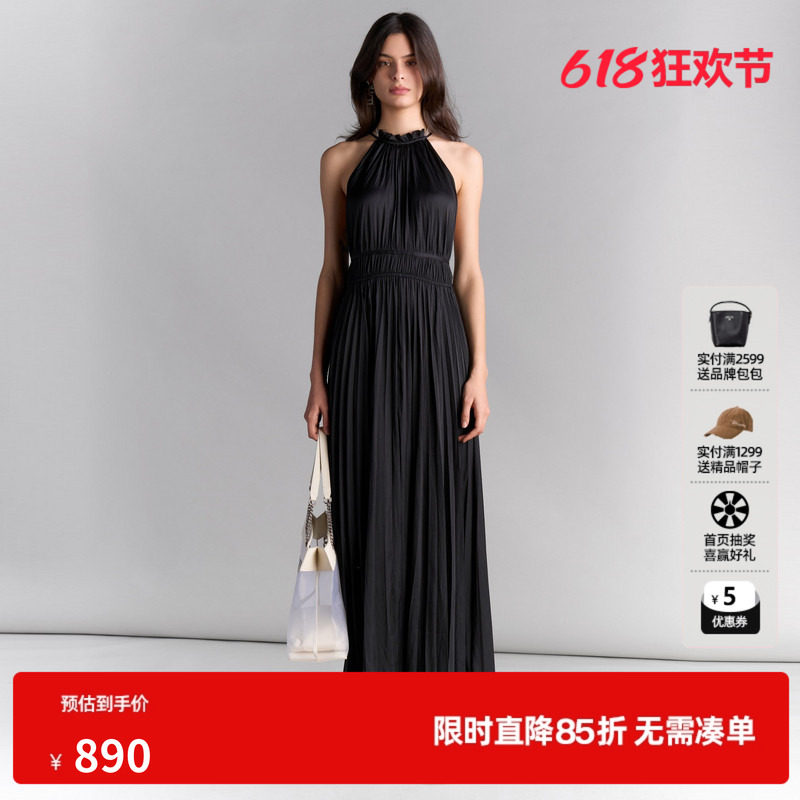 U/TI缎面风琴褶挂脖裙女装设计感重工长裙连衣裙尤缇2025夏季新款