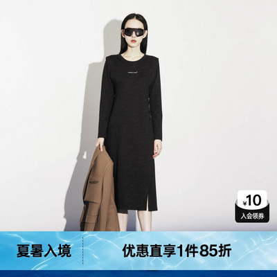U/TI黑色潮酷满印垫肩连衣裙女装 百搭褶皱A字裙尤缇2023秋季新款