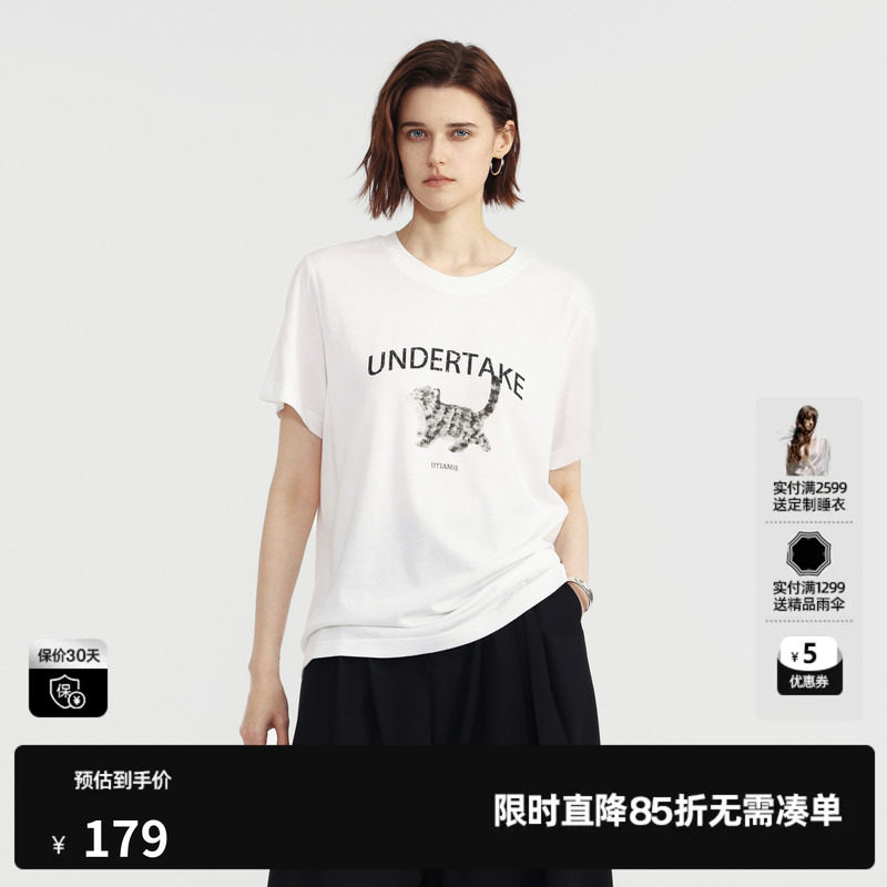 U/TI白色棉感猫咪印花短袖T恤女装宽松直筒百搭 尤缇2026夏季新款