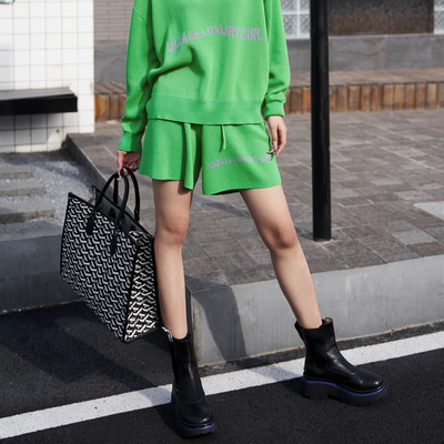 U/TI运动风直筒毛织短裤女百搭草绿色休闲裤毛衫尤缇2023秋季新款