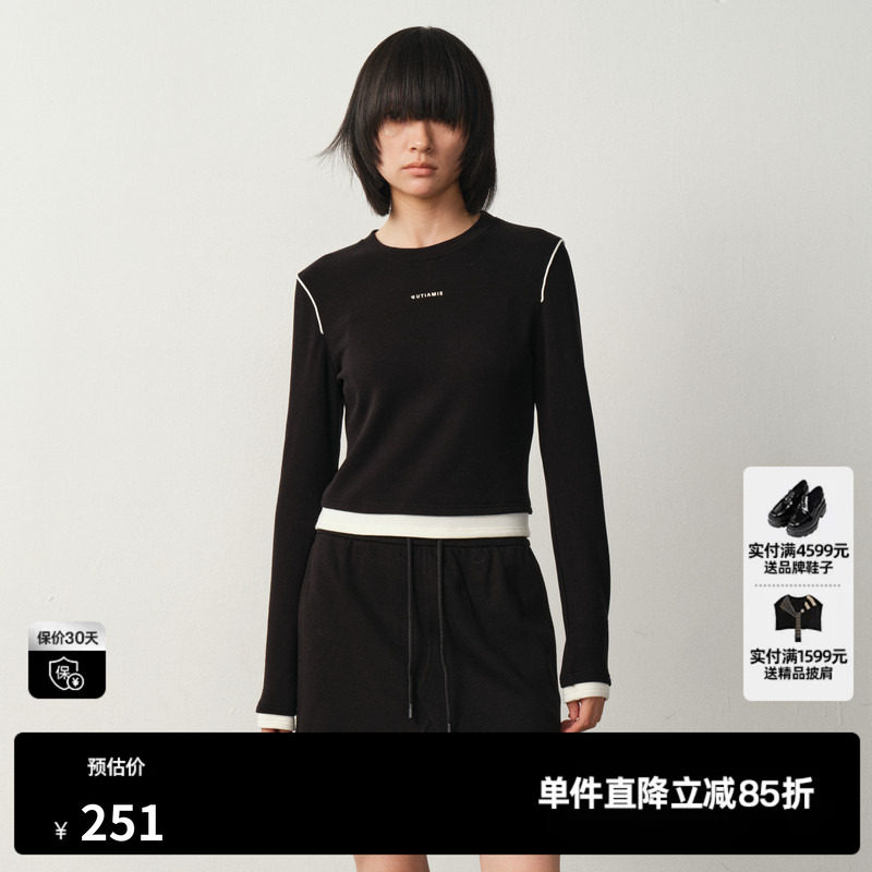 U/TI黑白撞色拼接T恤女装 简约修身短款长袖上衣尤缇2025冬季新款