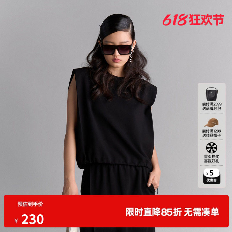 U/TI宽肩无袖T恤背心女装 百搭垫肩抽绳短袖上衣尤缇2025夏季新款