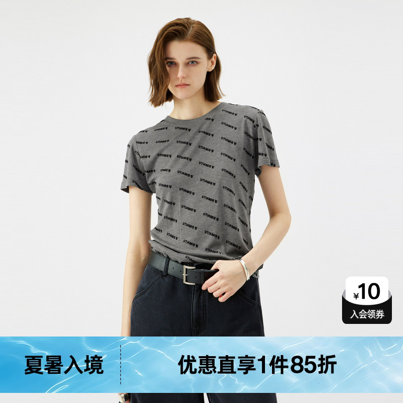 U/TI灰色植绒满版短款T恤女装 百搭简约短袖上衣尤缇2025秋季新款