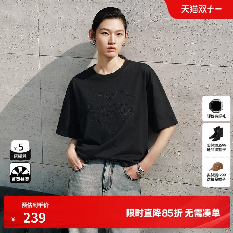 U/TI 黑色100%棉短袖T恤女圆领直筒宽松中袖上衣尤缇2026春季新款