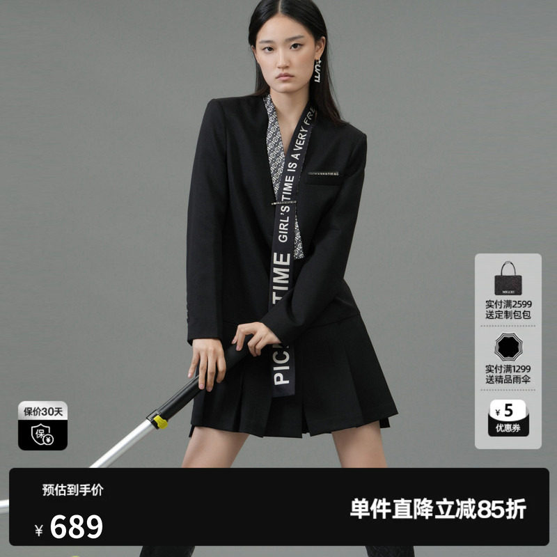 U/TI黑色学院风连衣裙女百搭简约通勤西装裙尤缇2025春季羊毛混纺