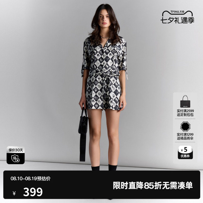 U/TI休闲短袖连体裤短裤女百搭气质黑白格休闲裤尤缇2025夏季新款
