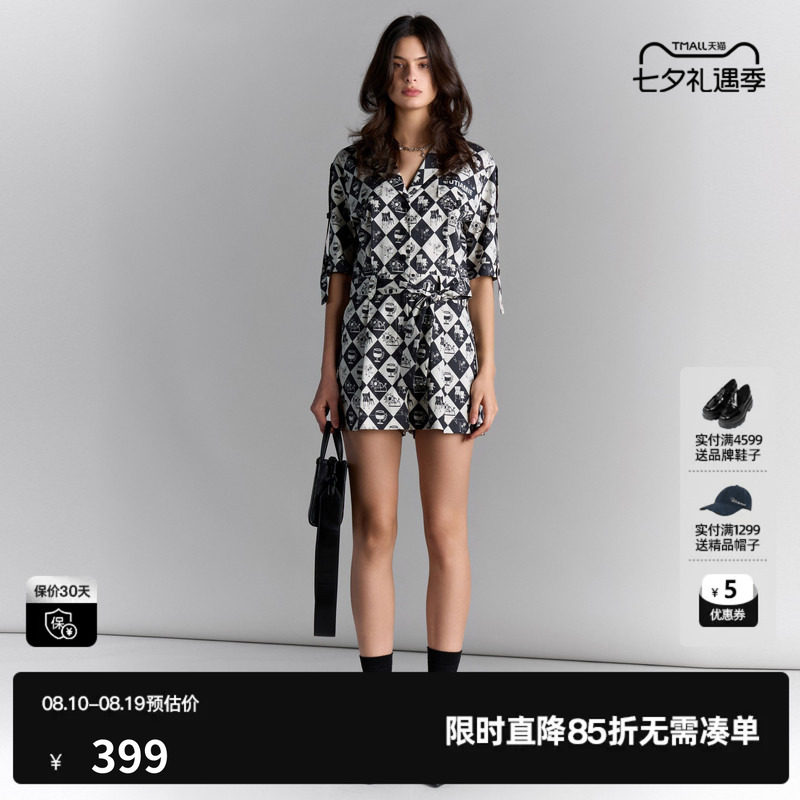 U/TI休闲短袖连体裤短裤女百搭气质黑白格休闲裤尤缇2025夏季新款