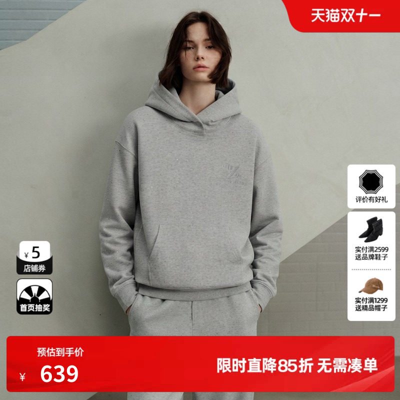 U/TI 浅灰色棉感连帽长袖卫衣女休闲宽松口袋T恤尤缇2026冬季新款