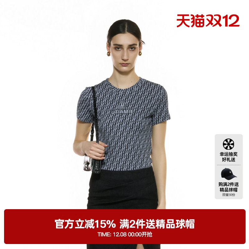 U/TI满印肌理感针织T恤女 百搭复古老花弹力短袖尤缇2025秋季新款