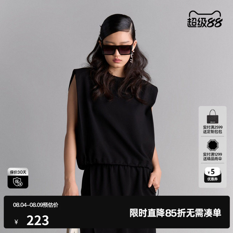 U/TI宽肩无袖T恤背心女装 百搭垫肩抽绳短袖上衣尤缇2025夏季新款