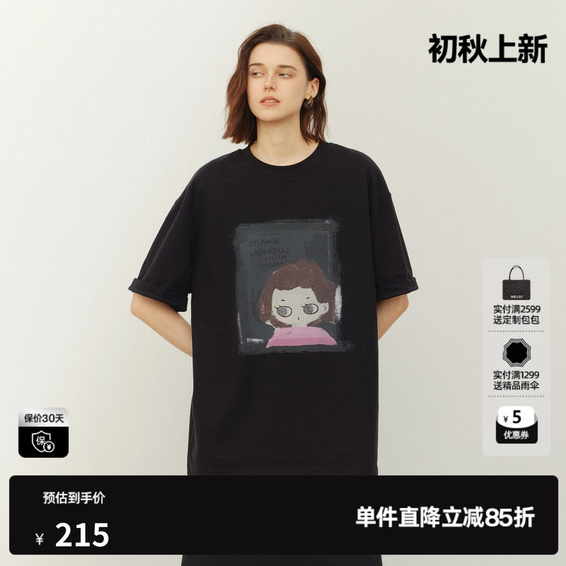 U/TI 黑色100%棉小女孩印花短袖T恤女装落肩宽松尤缇2026夏季新款