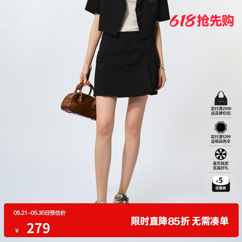 U/TI工装风短裙裤女 设计感百褶裙A字裙黑色短裙尤缇2025夏季新款