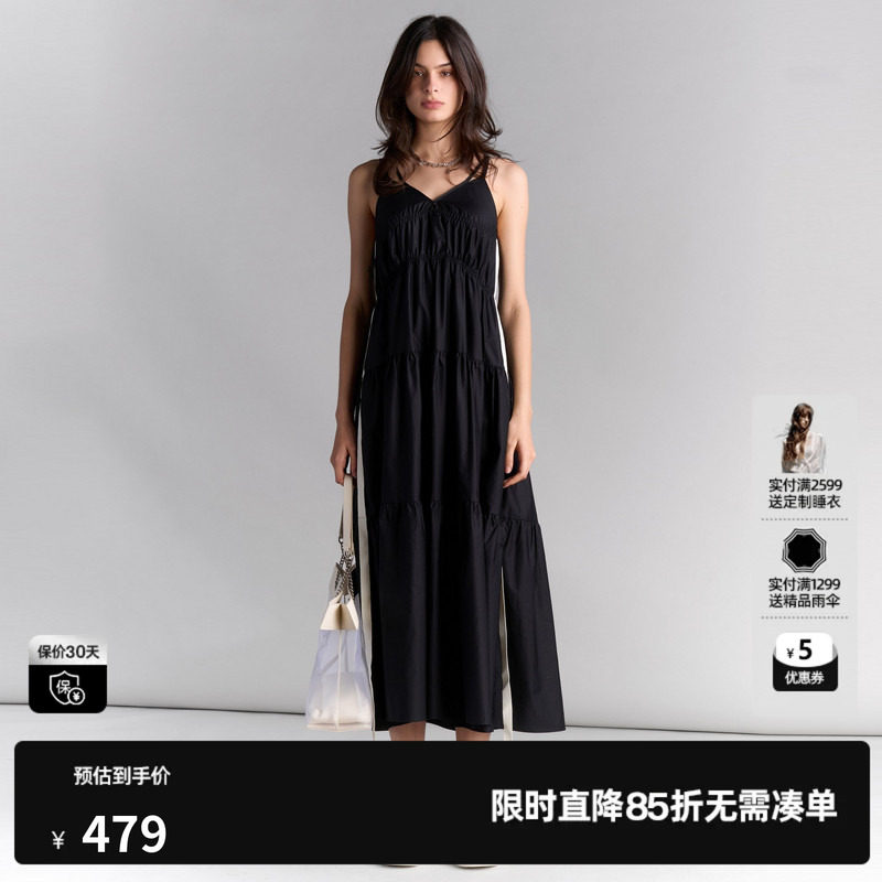U/TI黑色100%棉吊带裙女装度假休闲背心裙连衣裙尤缇2025夏季新款