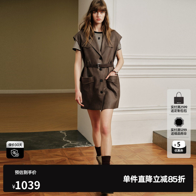 U/TI咖色翻领无袖连衣裙女腰带直筒简约风衣外套尤缇2026秋季新款