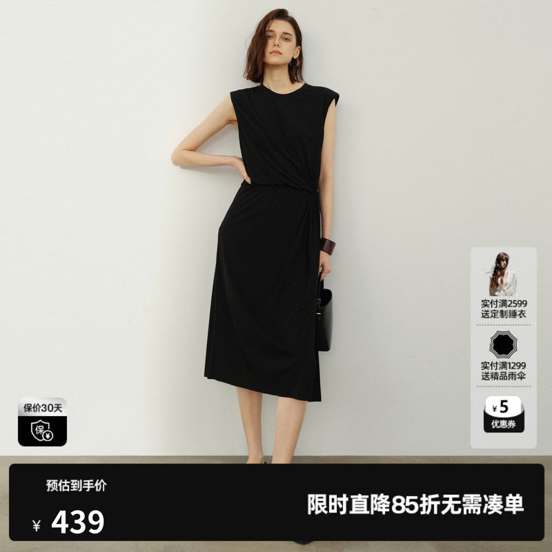 U/TI黑色高腰无袖连衣裙女圆领休闲松紧A字中裙 尤缇2026夏季新款