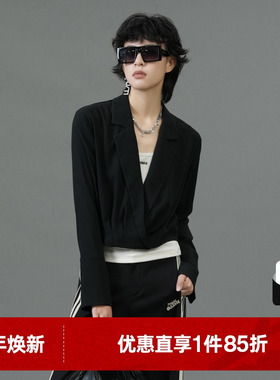 U/TI黑色设计感捏褶短款衬衫女百搭通勤休闲上衣尤缇2025春季新款