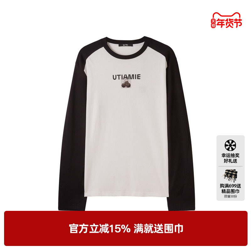 U/TI黑色撞色插肩袖T恤女 百搭纯棉长袖休闲上衣尤缇2025春季新款