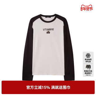 U/TI黑色撞色插肩袖T恤女 百搭纯棉长袖休闲上衣尤缇2025春季新款