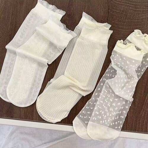 夏季冰丝透气蕾丝波点中筒袜