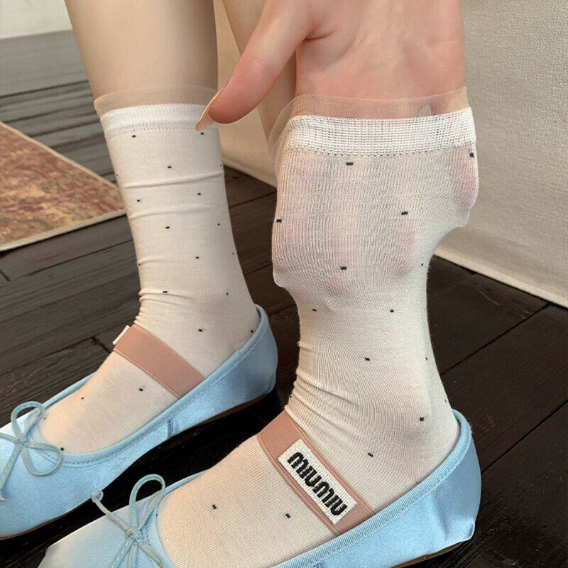 miu系波点纯棉花边女堆堆袜图片