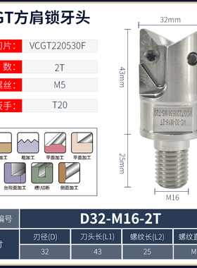 VCGT锁牙头重切削快进给铣刀杆R3圆鼻铣刀盘铝合金专用VCGT220530