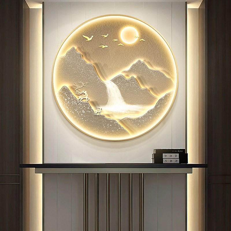 背靠金山入户玄关装饰画s圆形led灯画高级感福鹿餐厅挂画走廊壁画图片