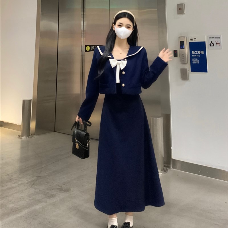 极速大码女装胖mm显p瘦长袖海军领短款外套秋季新款吊带连衣裙两