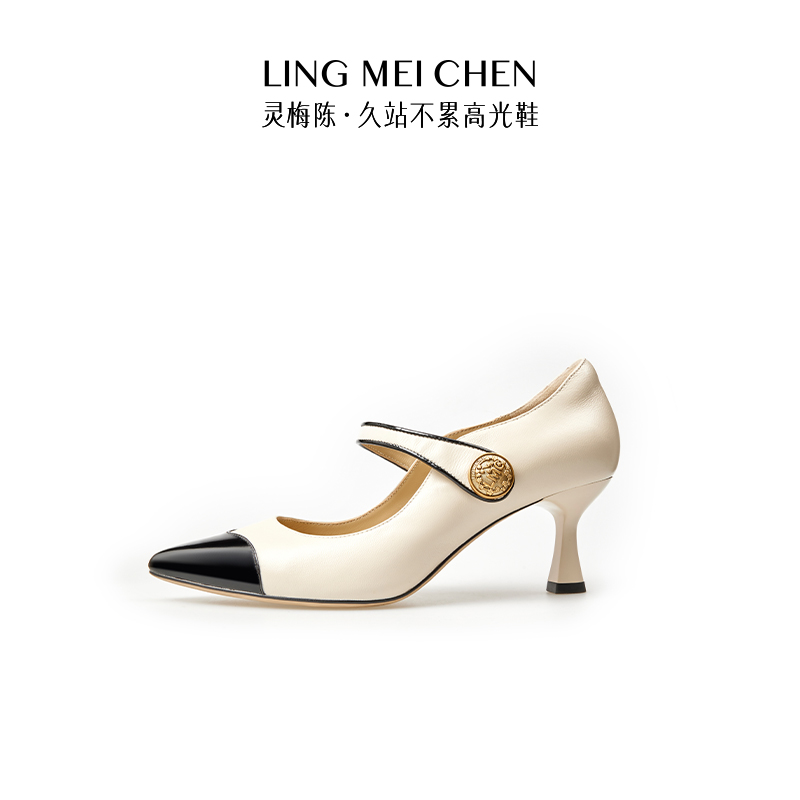 灵梅陈小香风尖头玛丽珍高跟鞋女