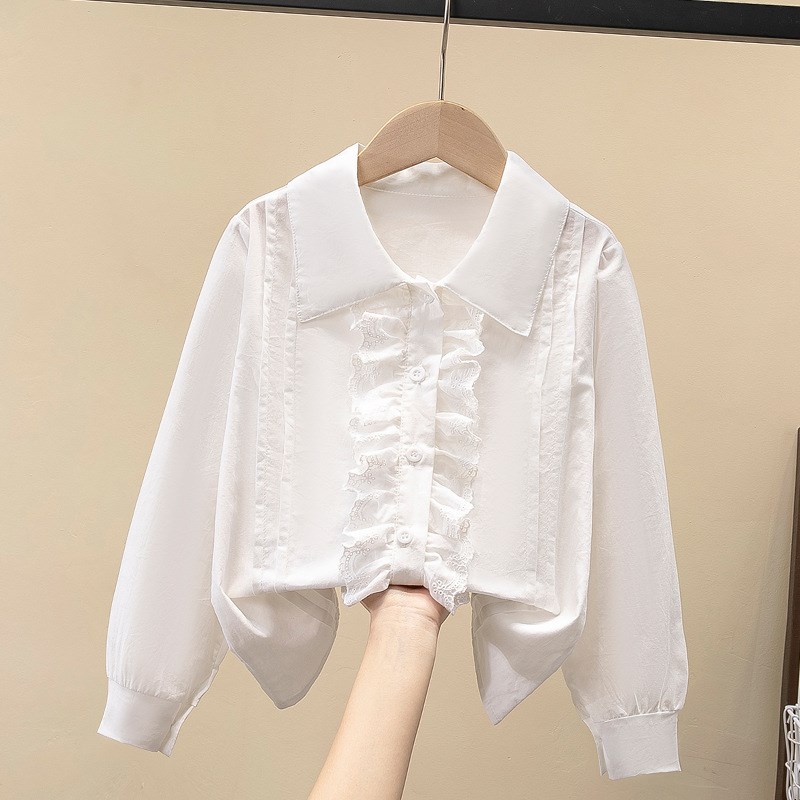 新款装2024春款儿童衬衫女童法式花边领白衬衫女宝设计感泡泡袖衬