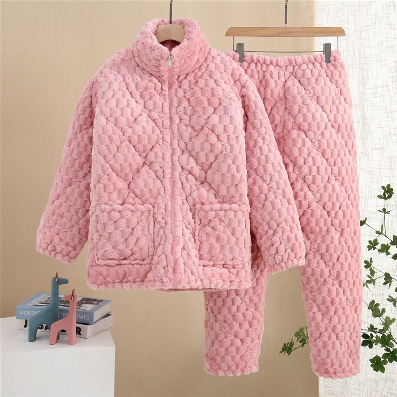 新款2023冬季夹棉睡衣女士加厚加绒套装冬提花拉链棉袄家居服保暖