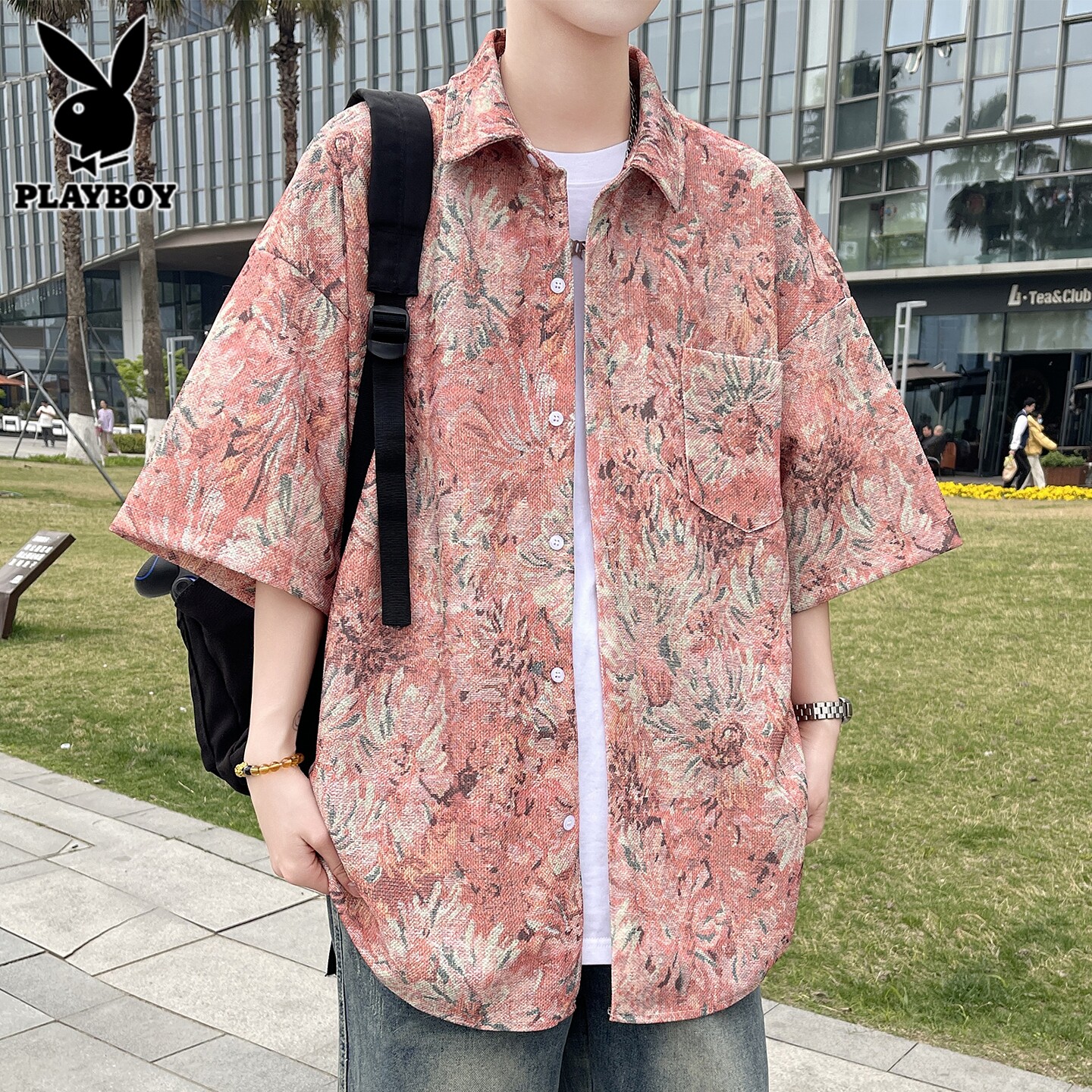 花花公子男士衬衫短袖夏季冰丝薄款宽松印花休闲半袖衬衣男生外套