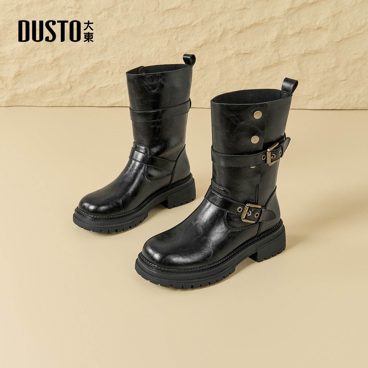 大东官方正品黑色厚底中筒骑士靴