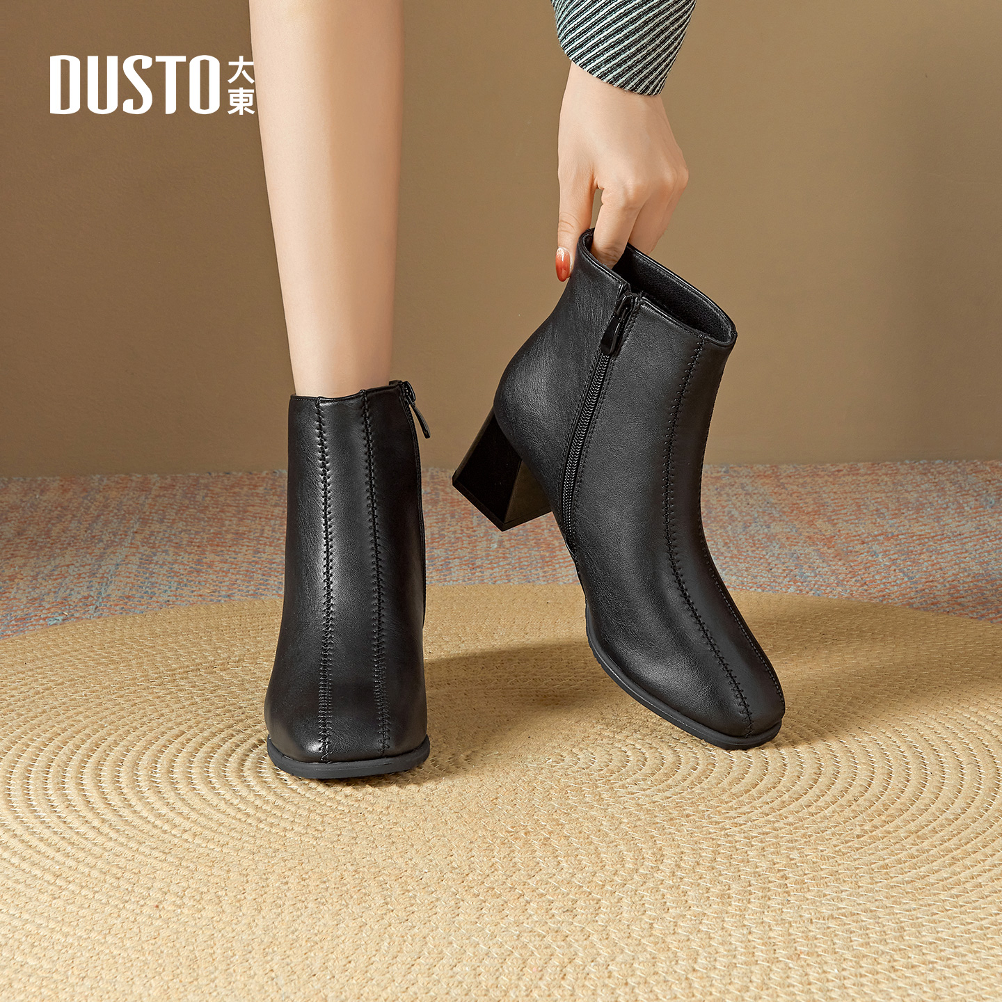大东官方正品粗跟高跟方头短靴