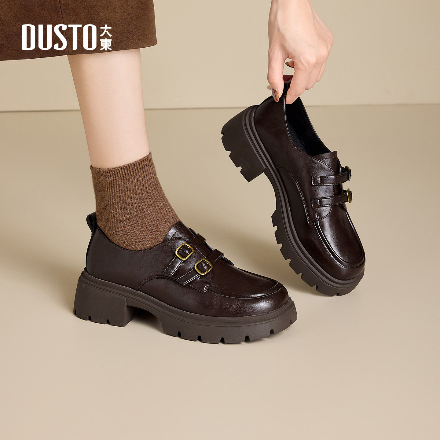 大东官方正品棕色复古乐福鞋粗跟