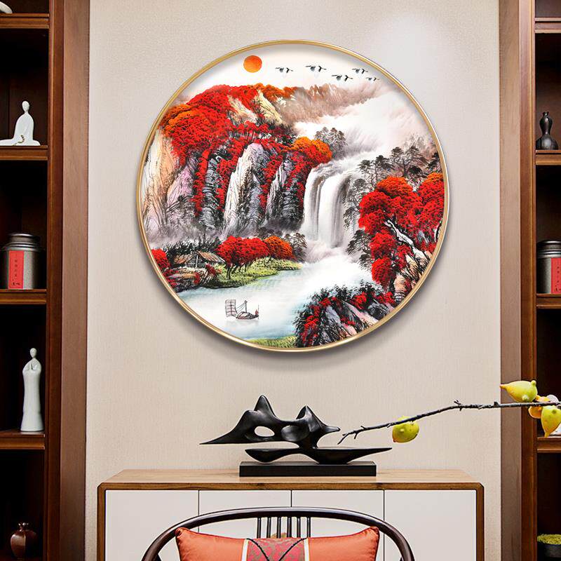 鸿运当头圆形山水画新中式客厅玄关装饰画办公室书房挂画风景壁画