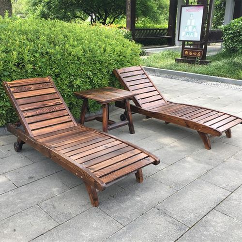 极速沙滩椅泳池躺椅午睡户外躺床A休闲防腐碳化木藤编椅阳台庭院