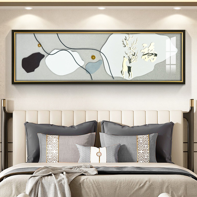 新品现代简约轻奢3dp立体纯手工砂岩画福鹿挂画主卧室背景墙床头