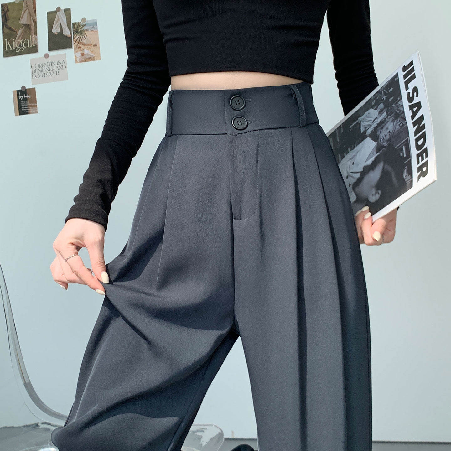 灰色西装裤女裤2026新款春秋高腰垂坠感西裤直筒休闲窄版阔腿裤子