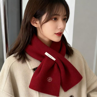100%wool纯羊毛羊绒高档百搭围巾女秋冬加厚保暖红色针织围脖