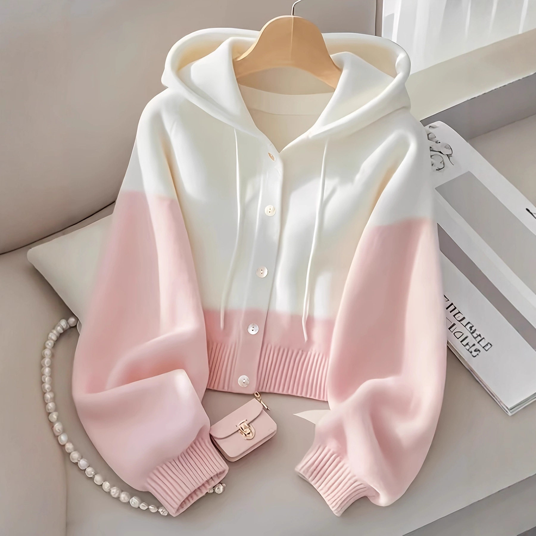 韩系粉色拼接连帽针织衫毛衣女款2025新款慵懒高级感针织上衣现货,女装/女士精品,毛衣,淘宝优惠券,粉丝福利购,淘宝优惠卷