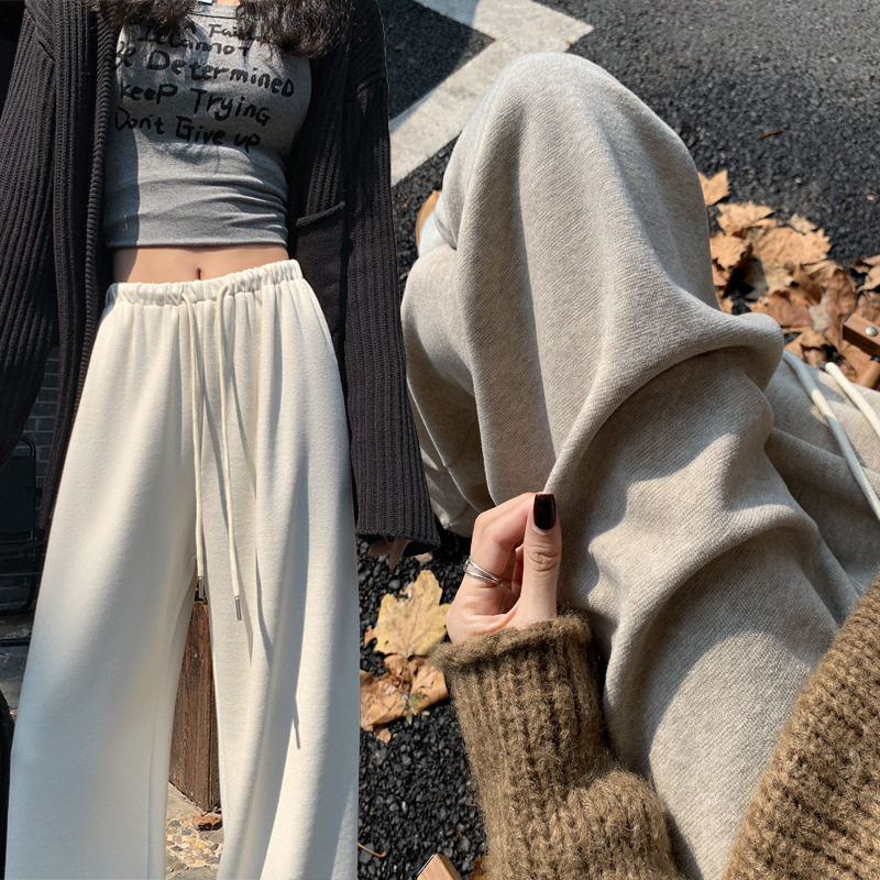 白色绵羊毛呢阔腿裤女秋冬新款加绒垂感软糯显瘦慵懒风直筒糯米