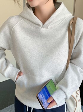 K1202套头连帽卫衣女秋冬加厚正肩休闲纯色宽松显瘦百搭长袖上衣