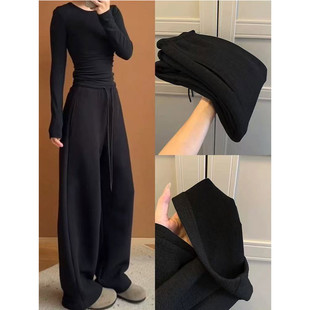 黑色梨形报恩裤女秋冬2026新款小个子加绒弯刀裤宽松慵懒风阔腿裤