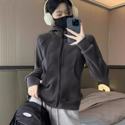 lulu双面德绒连帽卫衣女春秋新款加绒奥粒绒摇粒绒小个子加厚